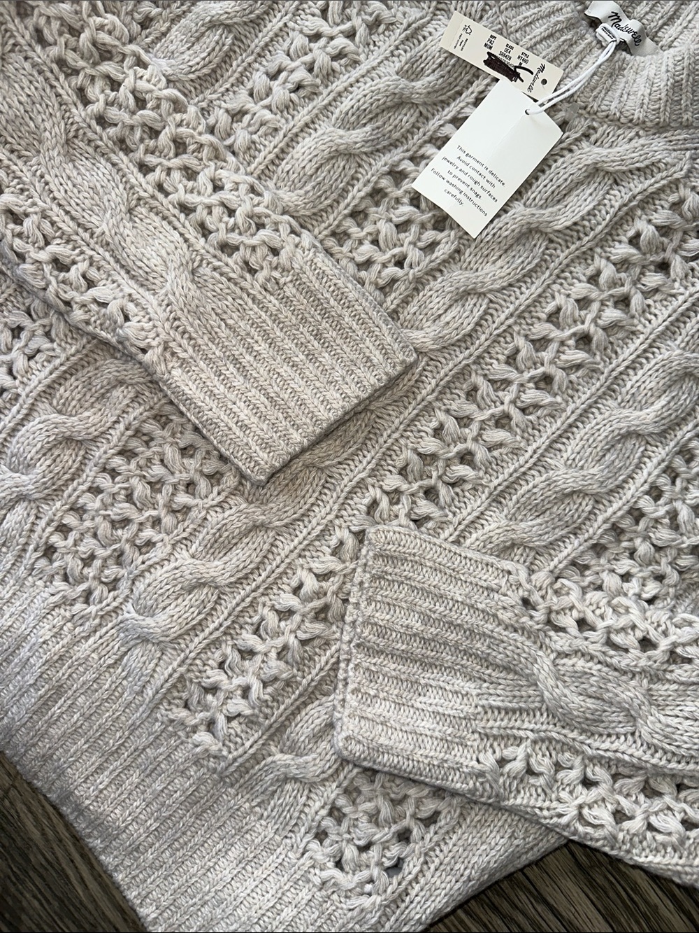 Madewell NWT marled merino wool Cable Knit Sweater mixed‎ Oat marl womens medium - Picture 9 of 13